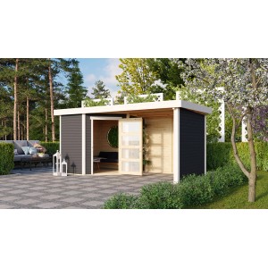 Modernes, terragraues Karibu Holz-Gartenhaus mit Flachdach und überdachter Fläche im Garten.