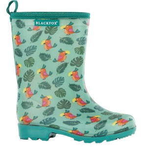 Blackfox Kinderstiefel Marakas Gr. 23, wasserdichte Gummistiefel mit Papageien- und Blättermuster.