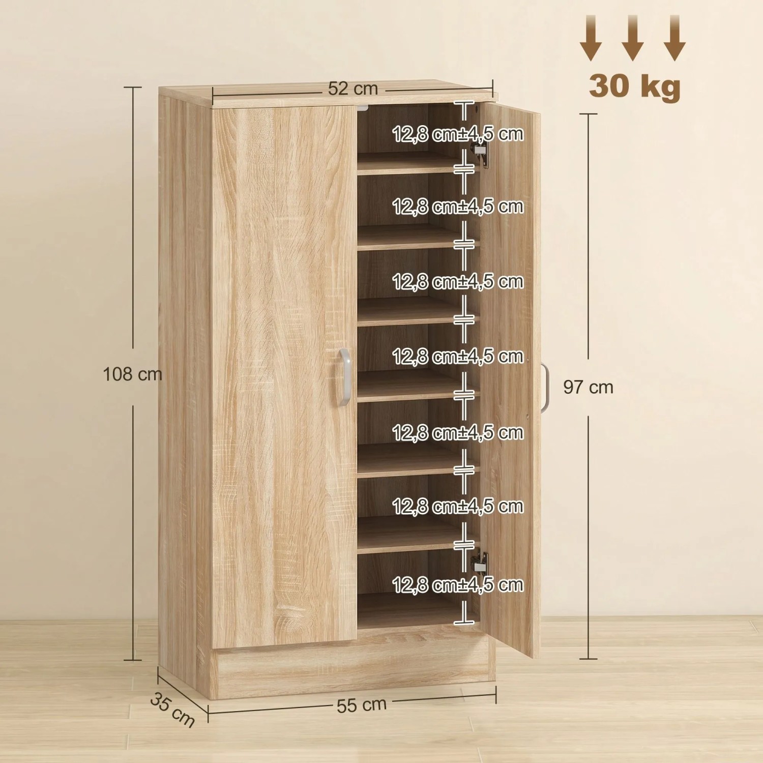 HOMCOM Schuhschrank aus Naturholz-Spanplatte, 55x35x108 cm. Helle Holzoptik, verstellbare Regale für Schuhe.