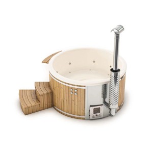 Finntherm Hot Tub Stockholm Spa Edition, cremeweiß, Ø 200 cm, mit Thermoholz-Verkleidung und Treppe.
