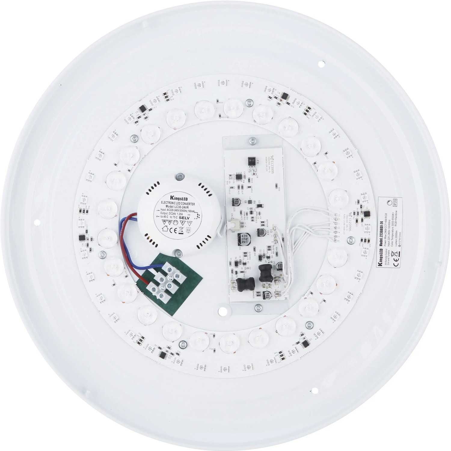 Innenansicht der runden, weißen LED Deckenleuchte Sully (Ø 38 cm) mit Elektronik und LED-Ring.