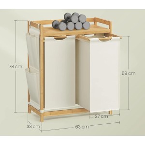 Songmics Wäschesammler Rocki mit 2 Fächern, Ablage und Seitentaschen aus Eiche und Weiß.