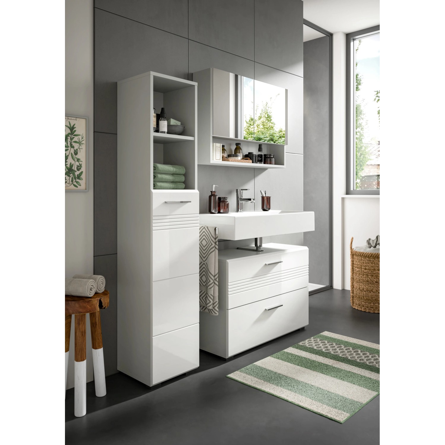 Hochschrank, 30x150x30 cm, grau-weiße Badmöbel für moderne Badezimmer.