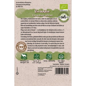 Bio-Koriander Samen von Quedlinburger, einjährig, für aromatische Blätter und würzige Samen.