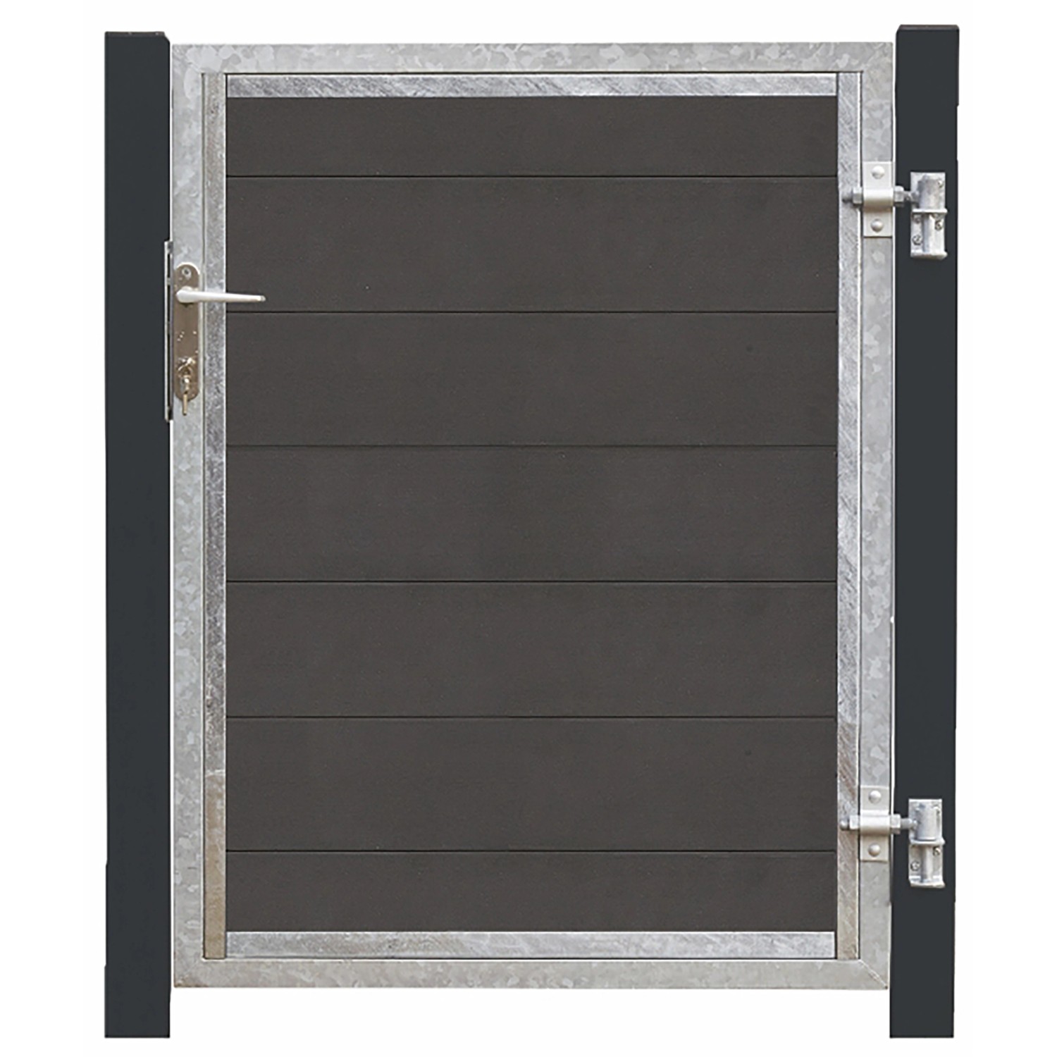 Gartentor Futura WPC Schiefergrau, DIN rechts, 115x127 cm, mit grauschwarzen Pfosten.