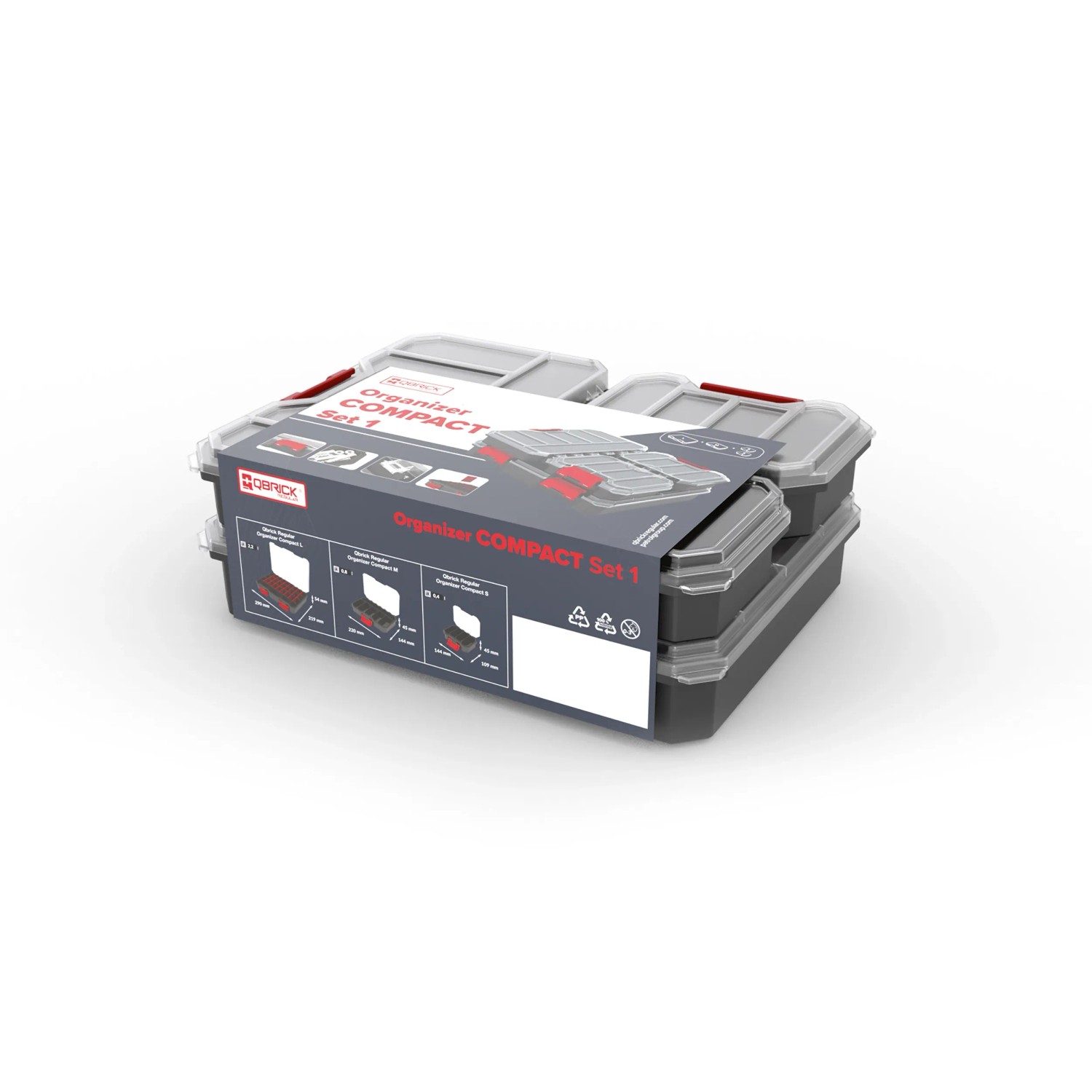 Qbrick Regular Compact Organizer Set 1, schwarz, stapelbare Aufbewahrungsboxen aus robustem Kunststoff.