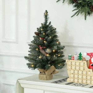 HOMCOM künstlicher Weihnachtsbaum 0,6 m, beleuchtet, mit Tannenzapfen, roten Beeren & Jute-Basis.