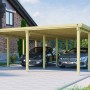 Weka Doppelcarport aus Holz, Flachdach, ohne Dachplatten, mit zwei parkenden Autos.