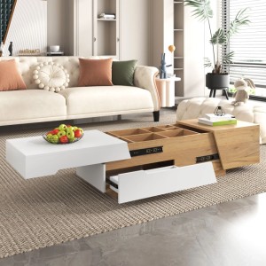 Ausziehbarer Couchtisch Natur/Weiß mit Schiebedesign, Schubladen und Fächern im modernen Wohnzimmer.