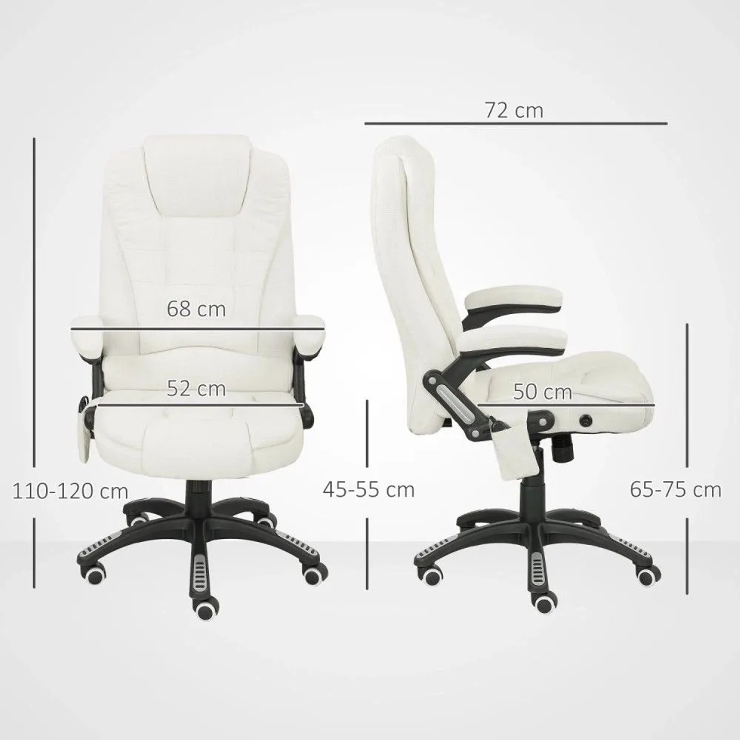 Cremeweißer Vinsetto Massagestuhl, ergonomischer Bürostuhl mit Rollen. Ansicht von vorne und Seite mit Maßen.