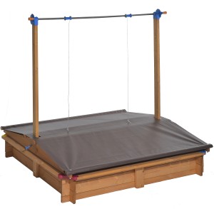Gaspo Sandkasten Mickey mit Dachlift, 140x140 cm, aus Kiefernholz mit farbigen Ecken.