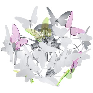 Moderne Deckenleuchte Butterfly in Chrom mit bunten Schmetterlingen für Kinderzimmer.
