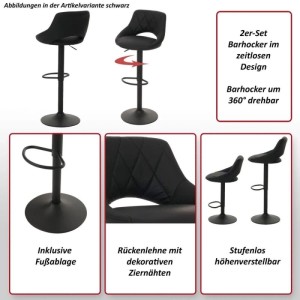 Zwei schwarze Barhocker mit Kunstledersitz, höhenverstellbar, 360° drehbar, Fußablage und Ziernähten.