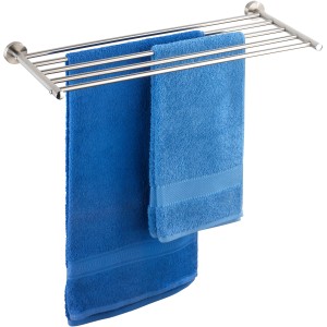 Wenko Wandregal Faella, silbernes Bad-Wandregal aus Edelstahl mit Handtüchern.