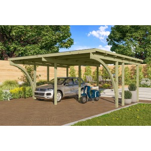 Karibu Doppelcarport aus Holz mit Auto und Roller. Carport mit PVC Dachplatten und stabilen Pfosten.