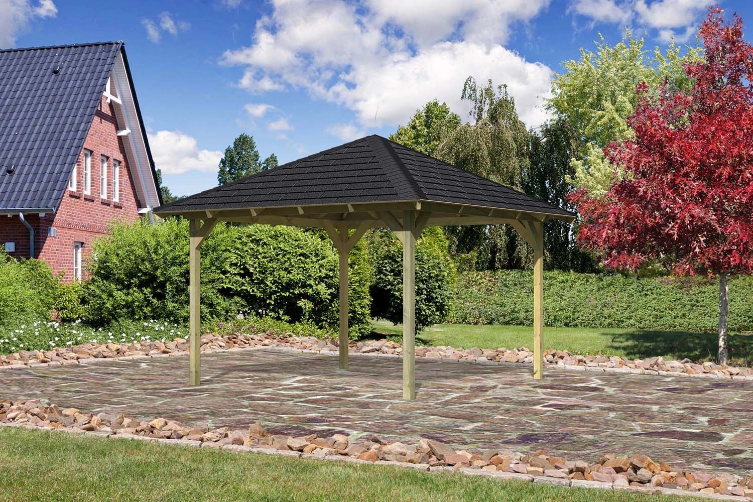 Karibu Pavillon Bever 3 Set kdi mit Schindeln Schwarz 314 cm x 314 cm x
