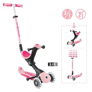 Pastellrosa Globber Go-Up Deluxe Lights 3in1 Kinderfahrzeug: Dreirad, Laufrad, Scooter mit LED-Leuchtrollen, höhenverstellbar.