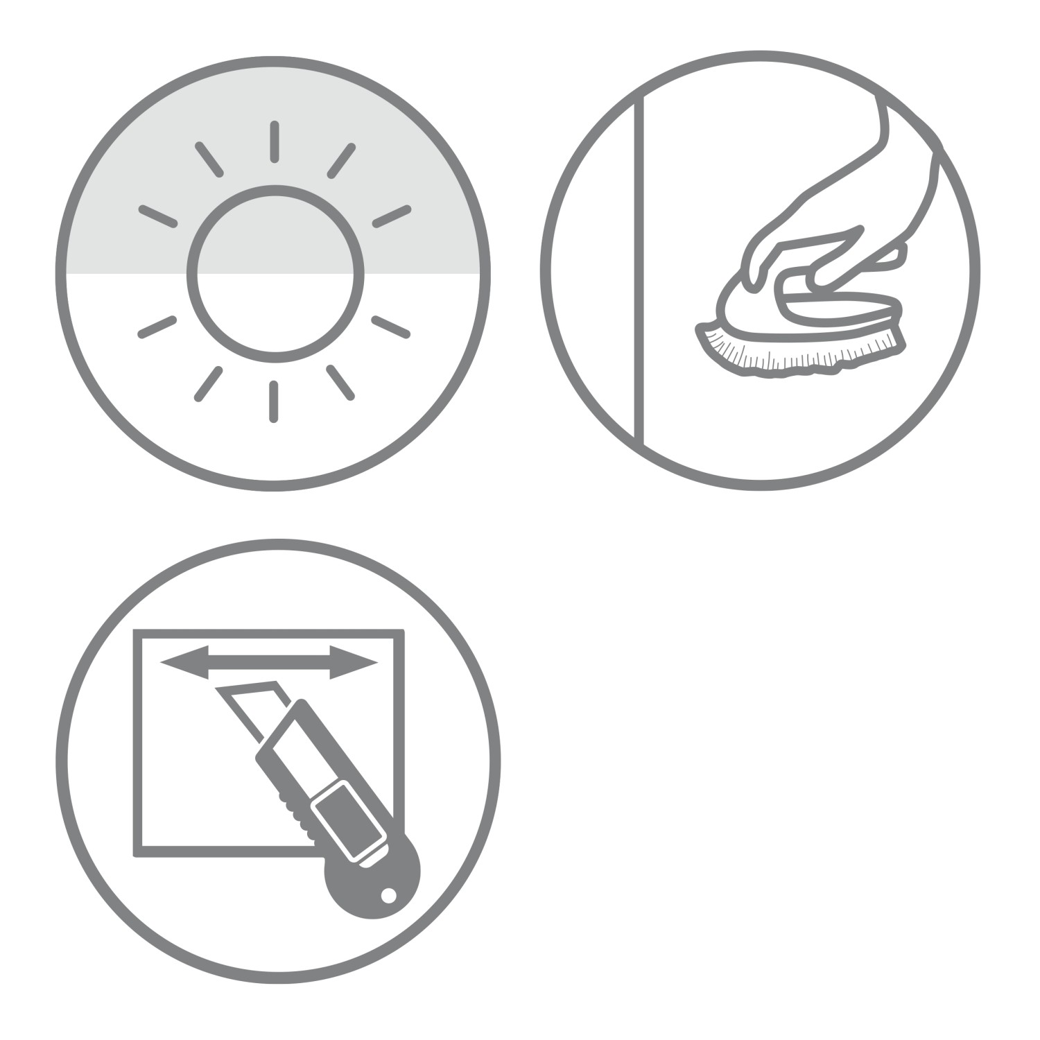 Symbole für Tageslicht-Rollo Montage: Lichtdurchlässigkeit, Reinigung, Zuschnitt.