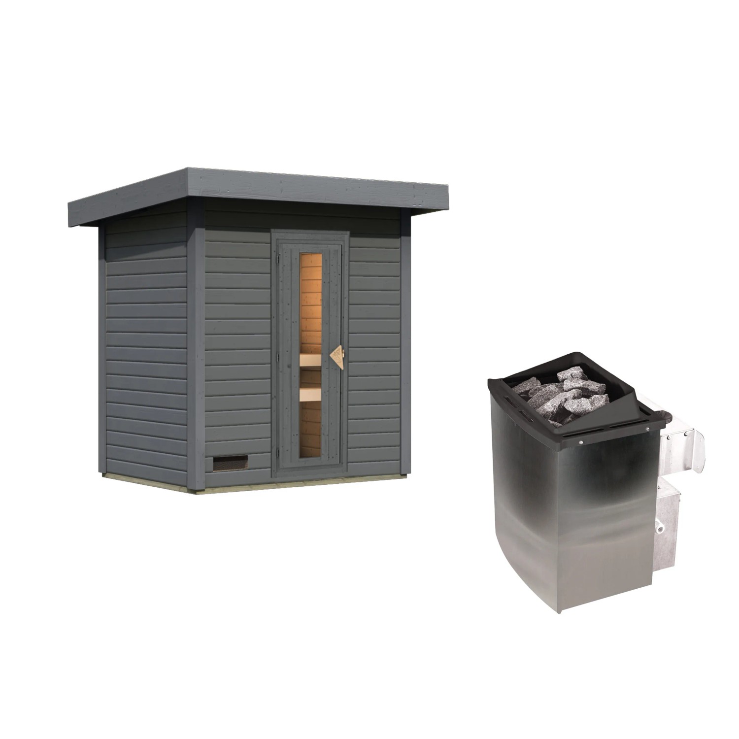 Karibu Saunahaus Arvi 1 Set mit 9 kW Ofen, terragrau. Sauna für den Garten.