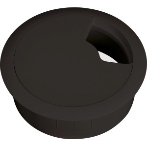 Schwarze Kabeldurchlassdose, 60 mm Durchmesser, für Kabelkanäle am Schreibtisch.