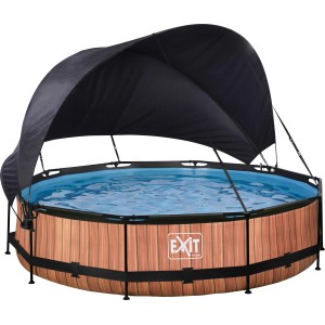 EXIT Wood Pool, braun, Ø 360 cm mit Sonnensegel und Filterpumpe.