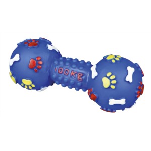 Blaue Jollypaw Hantel aus Vinyl, 15 cm, mit bunten Pfoten und Knochen, Kauspielzeug für Hunde.