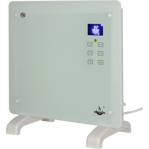 Weißer El Fuego Glaskonvektor 1000 W, ein elektrisches Heizgerät mit LCD-Anzeige und Glasfront.