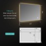 Emke LED Badspiegel 80x60 cm: Maßzeichnung mit Frontansicht, beleuchteten Kanten, Touch-Schalter und Rückseiten-Montagedetails.
