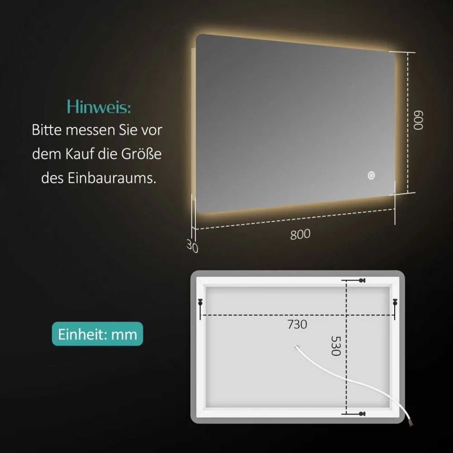 Emke LED Badspiegel 80x60 cm: Maßzeichnung mit Frontansicht, beleuchteten Kanten, Touch-Schalter und Rückseiten-Montagedetails.