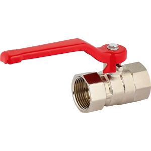 Kugelhahn 24,1 mm (Rp 3/4) PN25 aus Messing mit rotem Hebel für Heizungsinstallation.