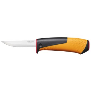 Fiskars Handwerkermesser mit Holster und Messerschärfer, Klinge aus Stahl, ergonomischer Griff.