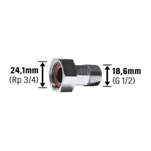 Wasserzählerverschraubung, verchromt, mit Gewinde 24,1 mm (Rp 3/4) und 18,6 mm (G 1/2) für Wasserzähler-Zubehör.