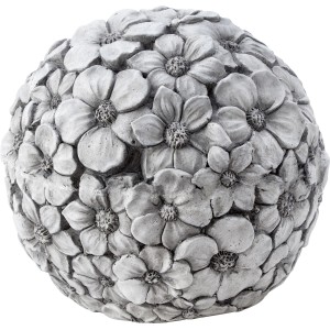 Graue Gartenkugel (Ø 27,5 cm) mit Blumenmuster als Dekoration für Garten und Beet.