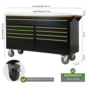 TRUTZHOLM Werkstattwagen Star XXL 163 X 97 cm Arbeitsplatte Gummibaumholz 9 Schubladen Kugelgelagert Werkbank