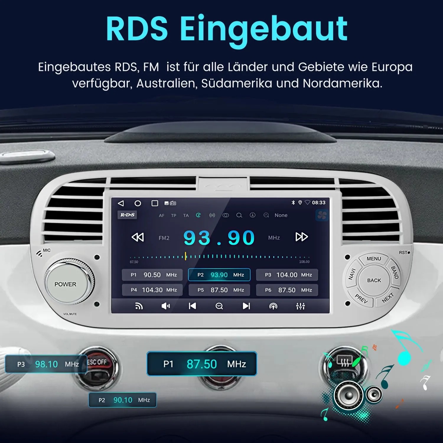 Junsun Autoradio für Fiat 500 im Armaturenbrett, zeigt RDS FM Radio. Mit Navigation, Bluetooth, CarPlay, Android Auto.
