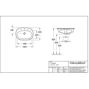 Technische Zeichnung: Villeroy & Boch O.Novo Einbauwaschbecken, 56 cm, mit Maßen.