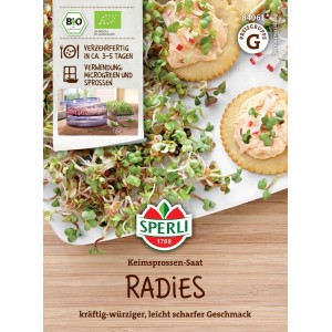 Sperli Bio Keimsprossen-Saat Radies: Verpackung mit Radieschen-Sprossen und Serviervorschlag.