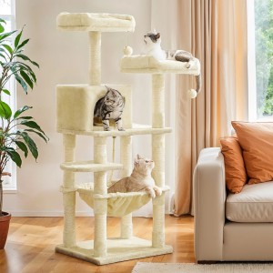 Beiger Feandrea Kratzbaum (143 cm) mit drei Katzen, Liegeflächen und Kuschelhöhle.