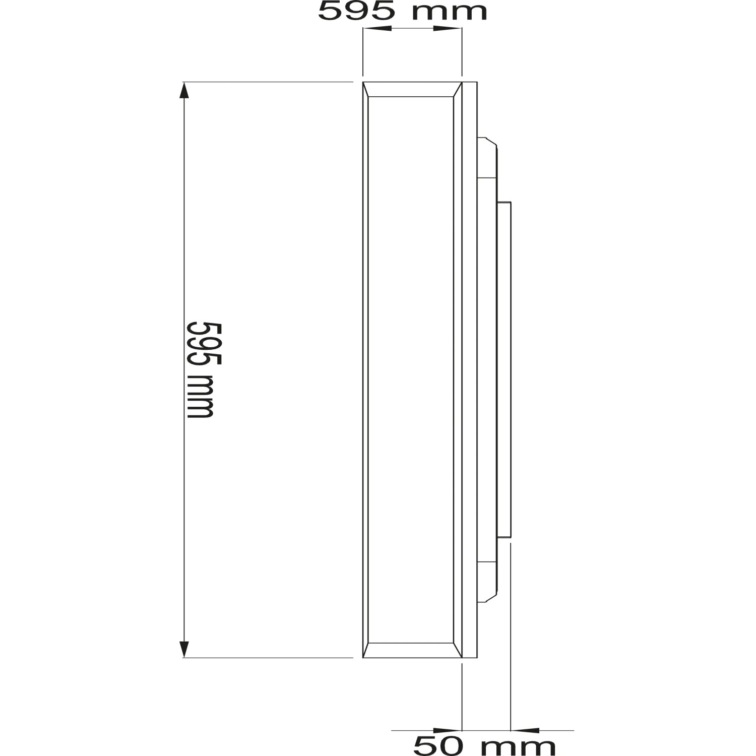 Skizze des weißen LED-Deckenpaneels Allie, 60x60 cm, mit Maßangaben.