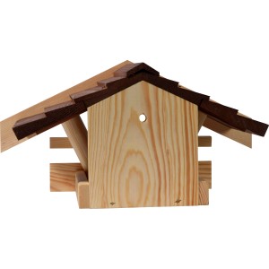 Kleines, braunes Dobar Vogelhaus aus FSC®-Holz zum Aufhängen. Vogelhäuschen mit Futterstelle.