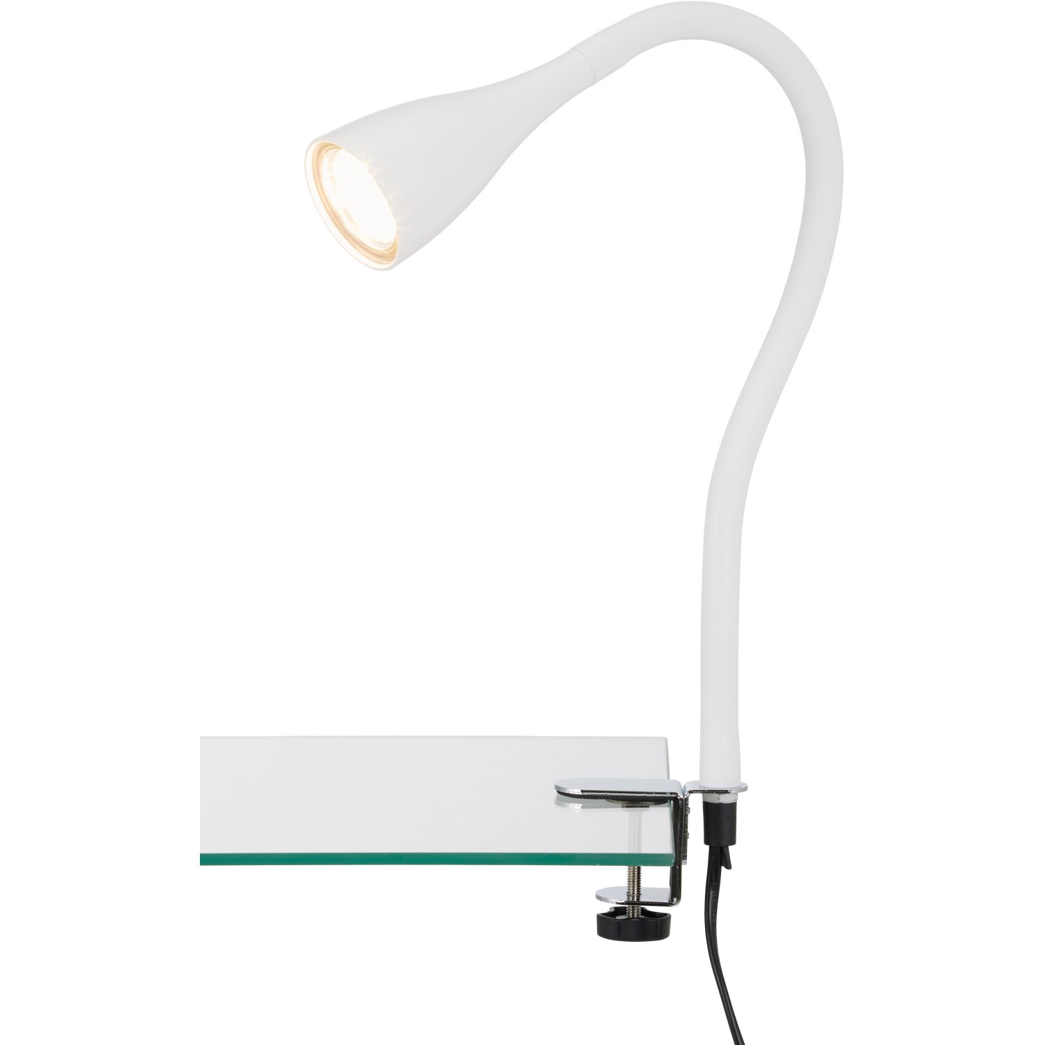 Weiße Briloner LED-Klemmleuchte mit flexiblem Arm und GU10 Leuchtmittel.