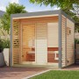 Karibu Saunahaus Seros 2 mit Ofen, naturbelassen/graualuminium, mit Terrasse und Klarglasfenster.