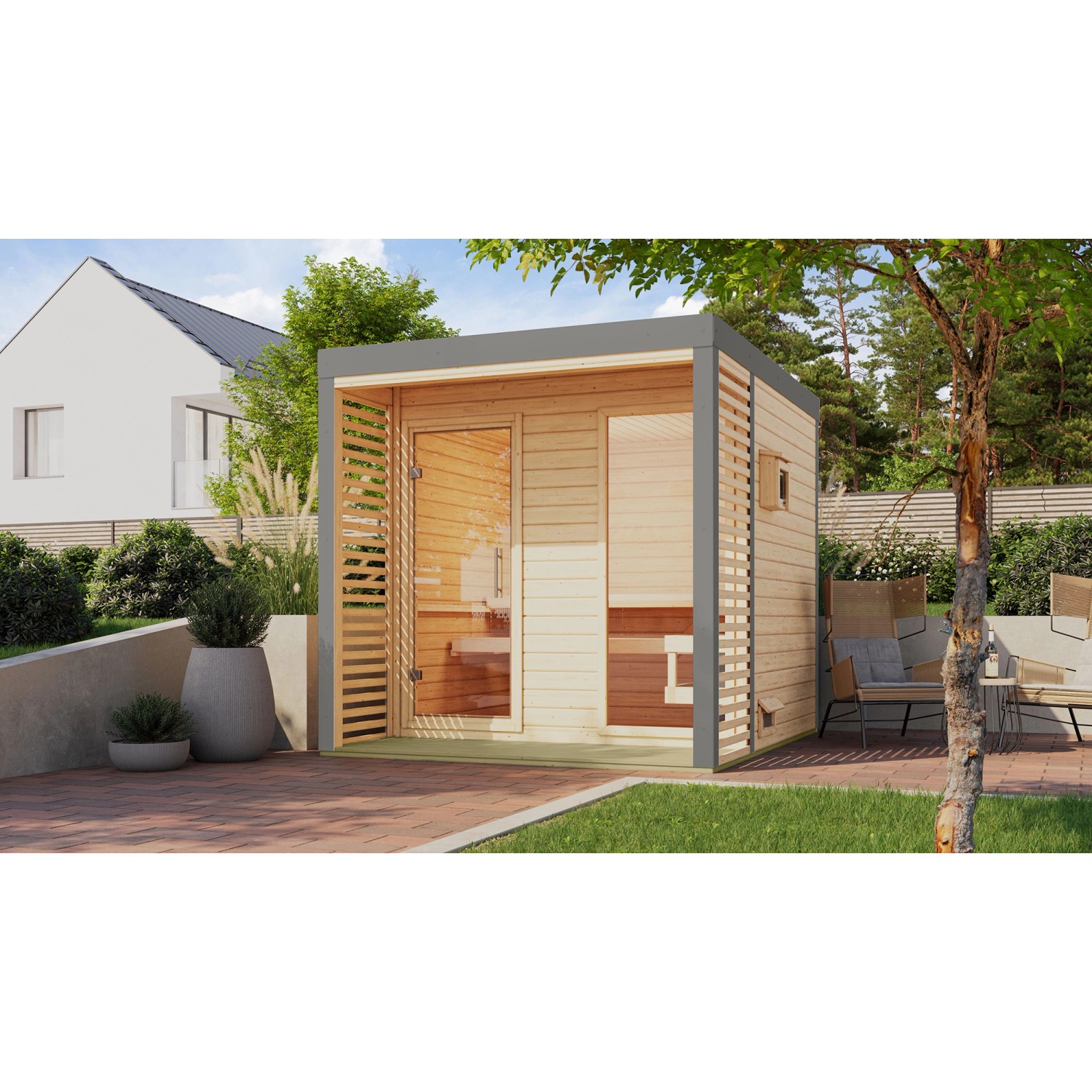 Karibu Saunahaus Seros 2 mit Ofen, naturbelassen/graualuminium, mit Terrasse und Klarglasfenster.