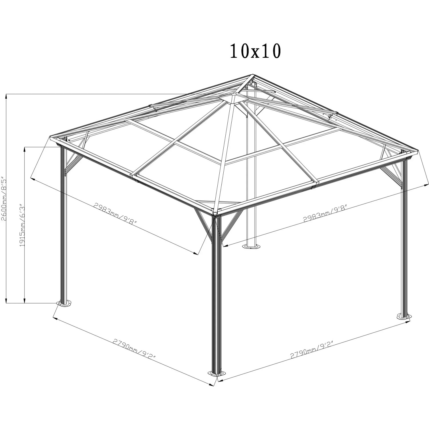Technische Zeichnung: Sojag Aluminium Pavillon Verona 10x10, anthrazit, mit Maßangaben.