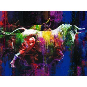 Farbenfrohes Leinwandbild „Anonymus Colourful Bull“ (116x84 cm) mit abstrakter Darstellung eines Bullen.