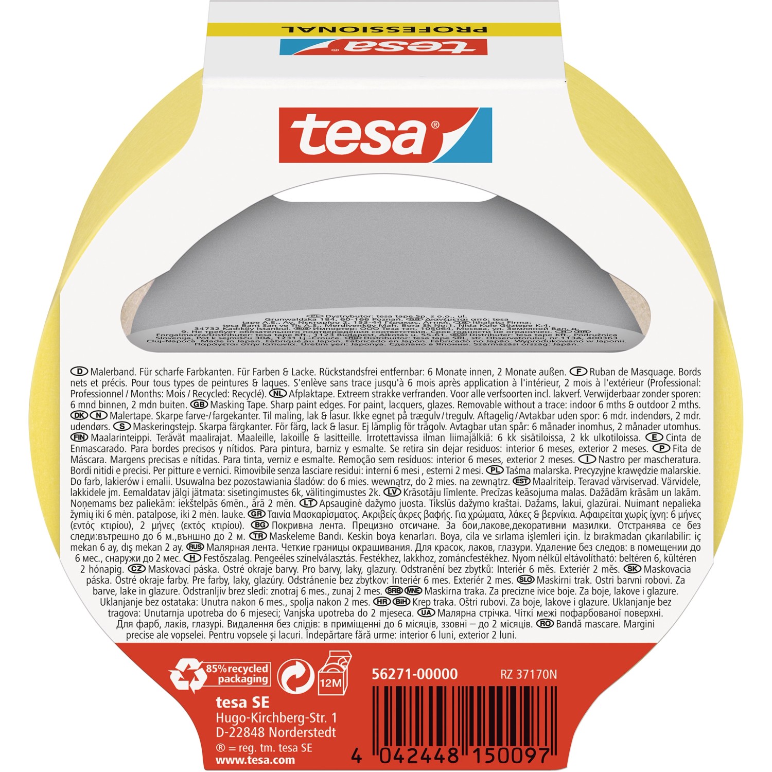 Tesa Malerband Professional, 25 m x 38 mm, gelbe Rolle für präzise Farbkanten.