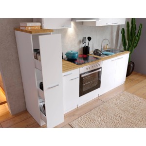 Weiße Respekta Küchenzeile KB240WWC (240 cm) mit E-Geräten und Arbeitsplatte in Nussbaum-Optik.