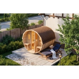 FinnTherm Fasssauna Sam als Bausatz: Holzfass mit Dachschindeln, Tür und Fenster. Ohne Ofen.