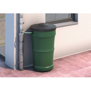 Sarei Regenwassersammler Zink DN 100 mit grünem Behälter und schwarzem Deckel am Fallrohr.