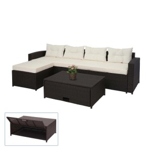 4-teilige Poly-Rattan Gartenmöbel-Garnitur in Braun mit creme-beigen Kissen.